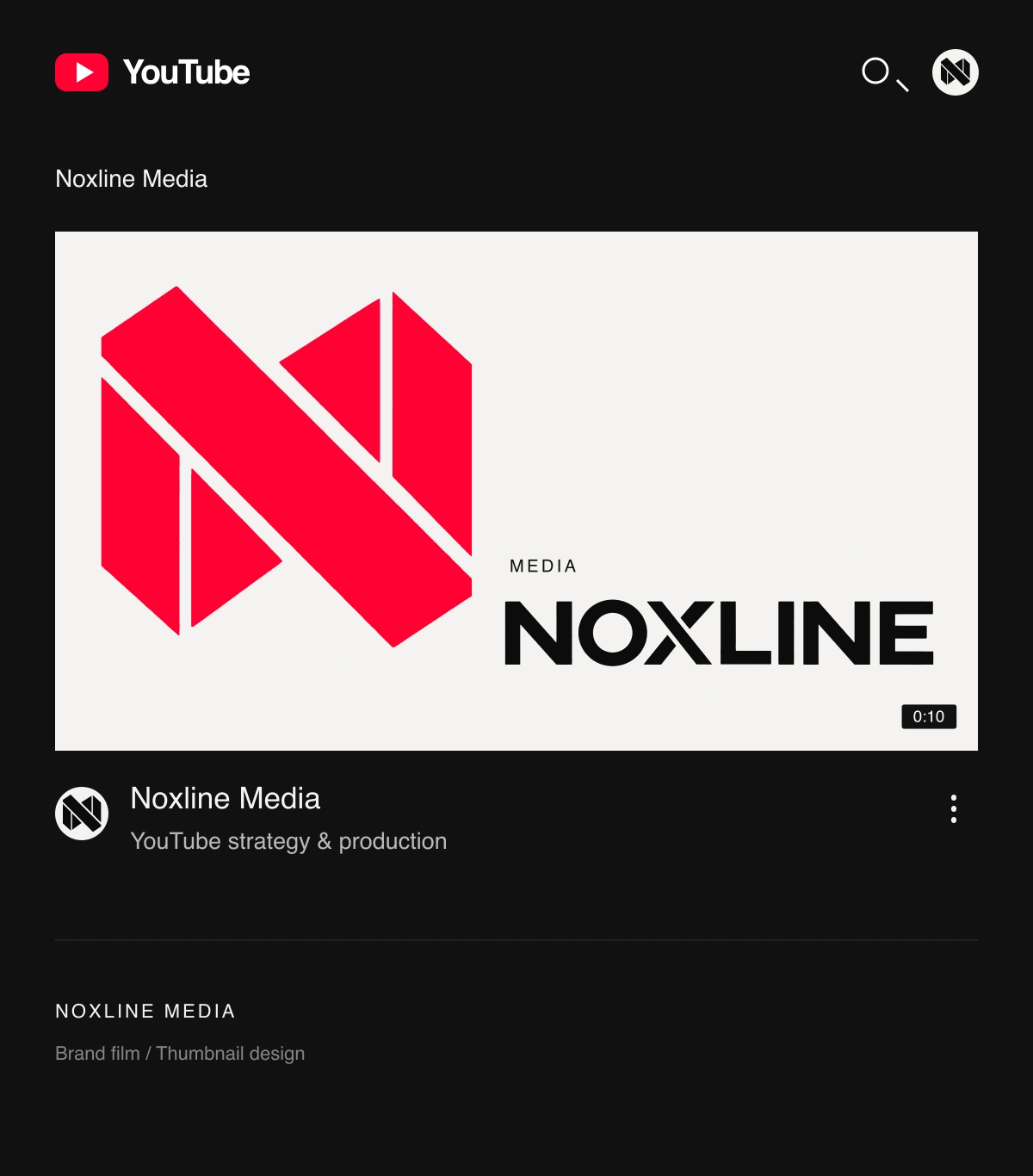 Thumbnail concept for our Noxline brand film, presented in a YouTube-style layout